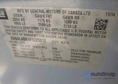 2015 Chevrolet Equinox Ls из США, поврежденный, VIN 2GNALAEK9F6225312